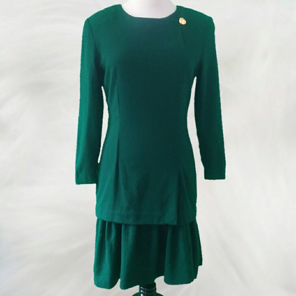 VINTAGE 80s Does 40s Wool Hunter Green Dress